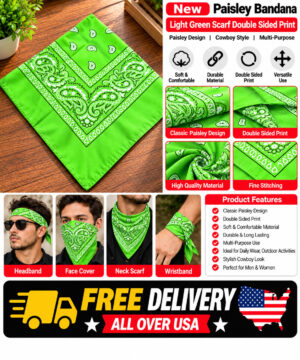 New Paisley Bandana Light Green Scarf Double Sided Print Paisley Cowboy