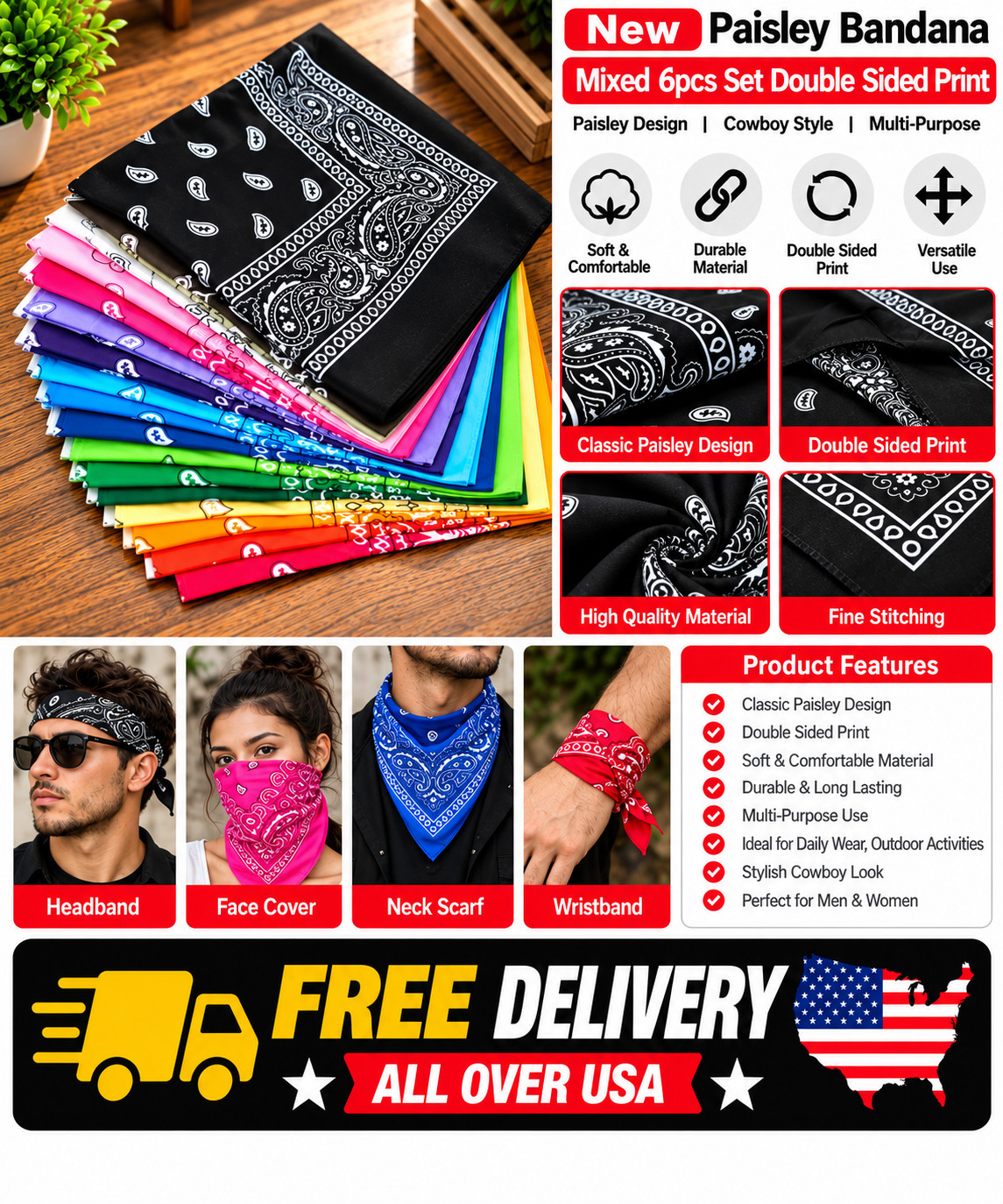 Mixed 6pcs Unisex Double Sided Print Paisley Bandana Cowboy Scarf Headband