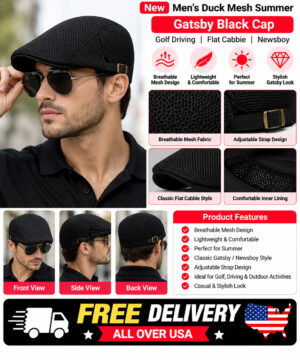 New Men's Duck Mesh Summer Gatsby Black Cap Golf Driving Flat Cabbie Newsboy