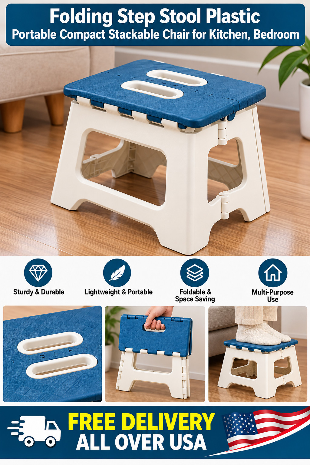 Folding Step Stool Plastic Portable Compact Stackable Chair for Kitchen, Bedroom