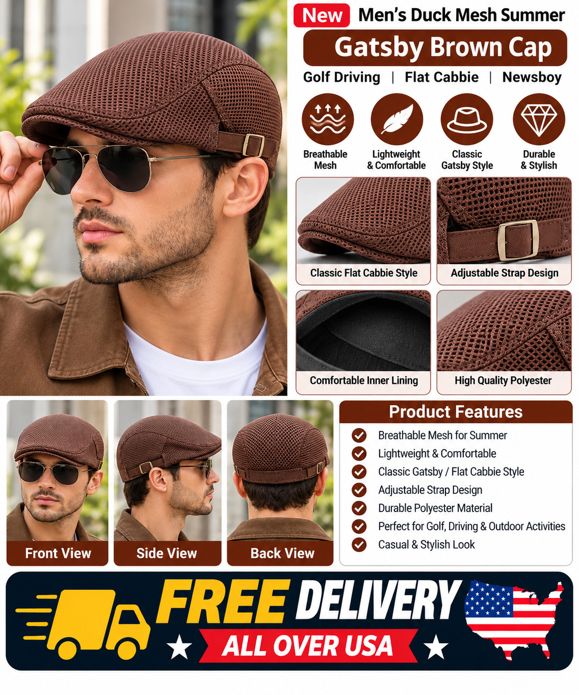 New Men's Duck Mesh Summer Gatsby Brown Cap Golf Driving Flat Cabbie Newsboy