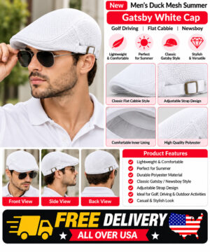 New Men's Duck Mesh Summer Gatsby White Cap Golf Driving Sun Flat Cabbie Newsboy