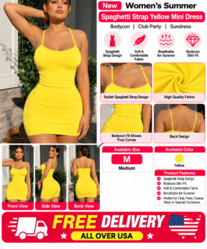 New Women's Summer Spaghetti Strap Bodycon Yellow Mini Dress Club Party Sundress