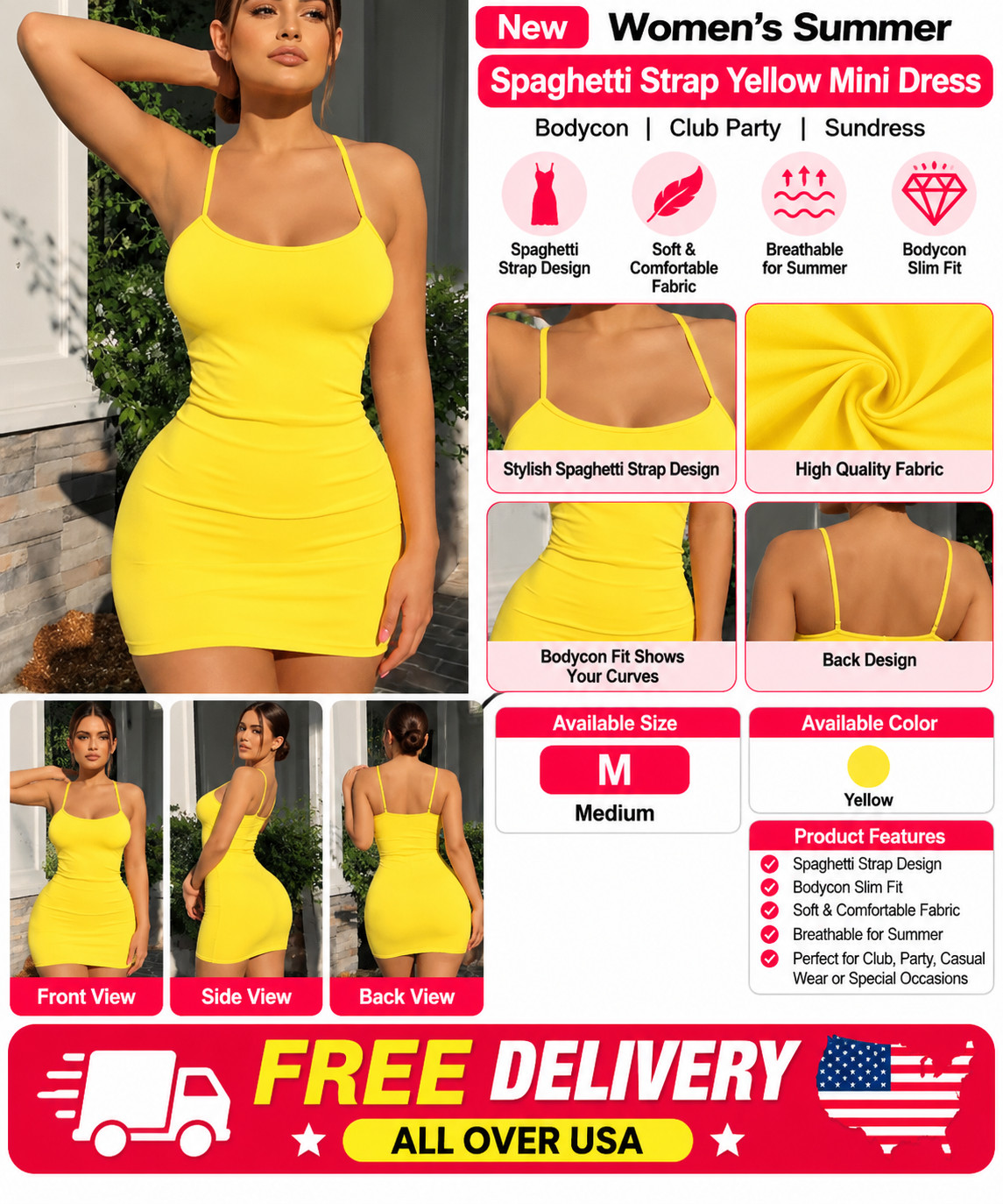 New Women's Summer Spaghetti Strap Bodycon Yellow Mini Dress Club Party Sundress