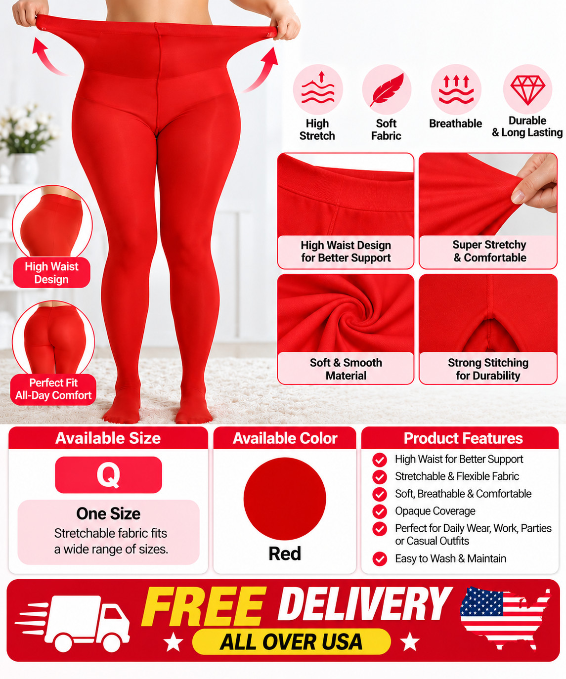 New Women's High Waist Stretchable Sexy Red Tights Fashion Party Sizes Q1-Q2