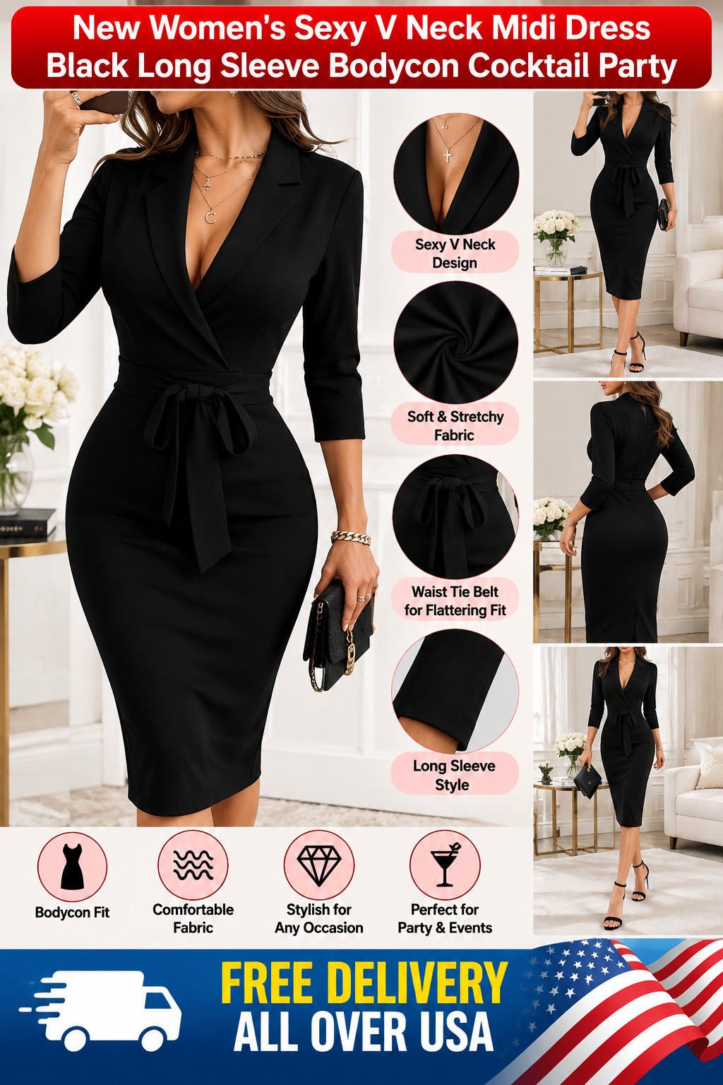 New Women's Sexy V Neck Midi Dress Black Long Sleeve Bodycon Cocktail Party - L