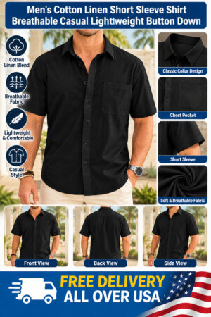 Men's Cotton Linen Short Sleeve Shirt Breathable Casual Lightweight Button Down