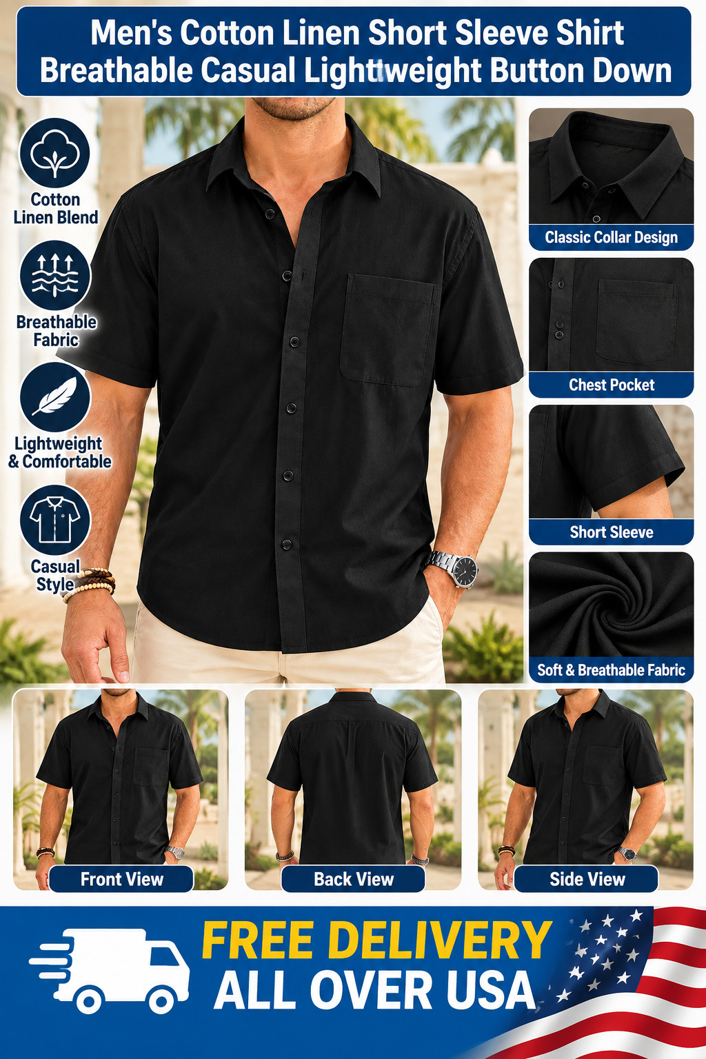 Men's Cotton Linen Short Sleeve Shirt Breathable Casual Lightweight Button Down
