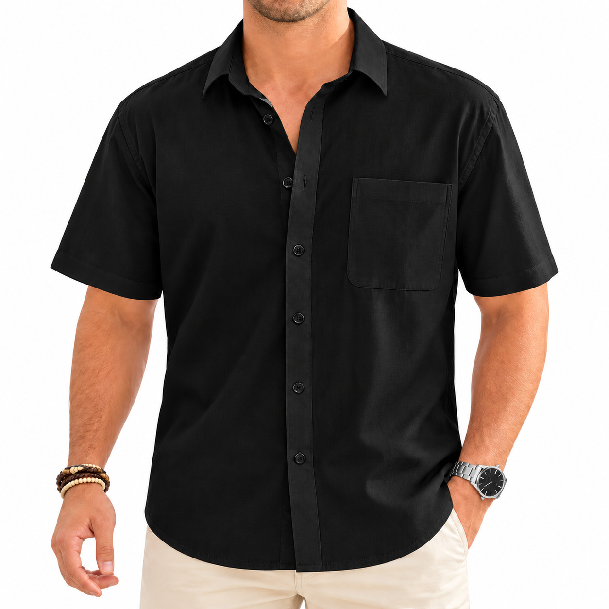 Men's Cotton Linen Short Sleeve Shirt Breathable Casual Lightweight Button Down - Image 2