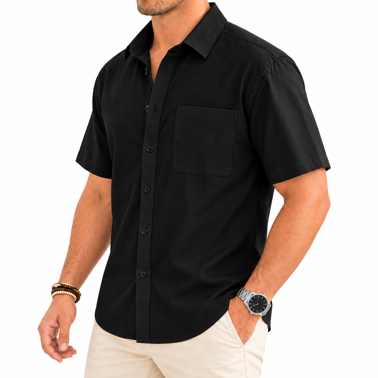 Men's Cotton Linen Short Sleeve Shirt Breathable Casual Lightweight Button Down - Image 3