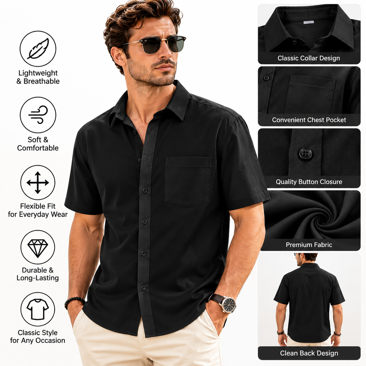 Men's Cotton Linen Short Sleeve Shirt Breathable Casual Lightweight Button Down - Image 7