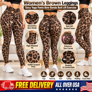 Women's Brown Leggings Sexy Yoga Pants Bow Banda Butt Lift Exercise