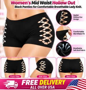 Women's Mid Waist Hollow Out Black Panties for Comfortable Breathable Lady Knit.