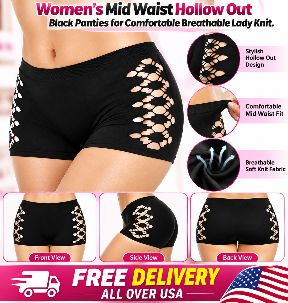 Women's Mid Waist Hollow Out Black Panties for Comfortable Breathable Lady Knit.