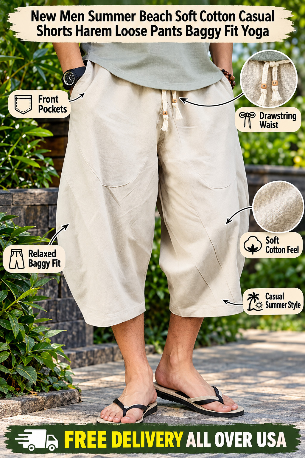 New Men Summer Beach Soft Cotton Casual Shorts Harem Loose Pants Baggy Fit Yoga