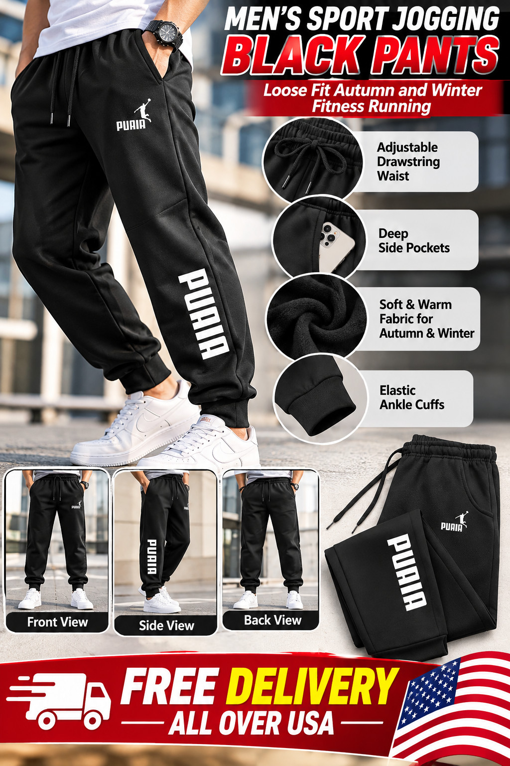 Men’s Sport Jogging Black Pants Loose Fit Autumn and Winter Fitness Running