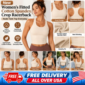 New Women's Fitted Cotton Spandex Crop Racerback Nude Tank Top Everyday - S