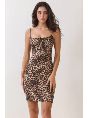 Womens Leopard Print Mini Dress Sexy Ruched Tie Front Cami Bodycon Party Sundres - Regular L