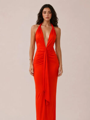 Womens Deep V Neck Backless Maxi Dress Red Ruched Twist Cocktail Party Long Gown - Regular S