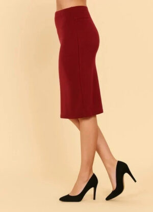 Women's Basic Midi Skirt Elastic Waist Stretch Knee Length Burgundy - Regular S