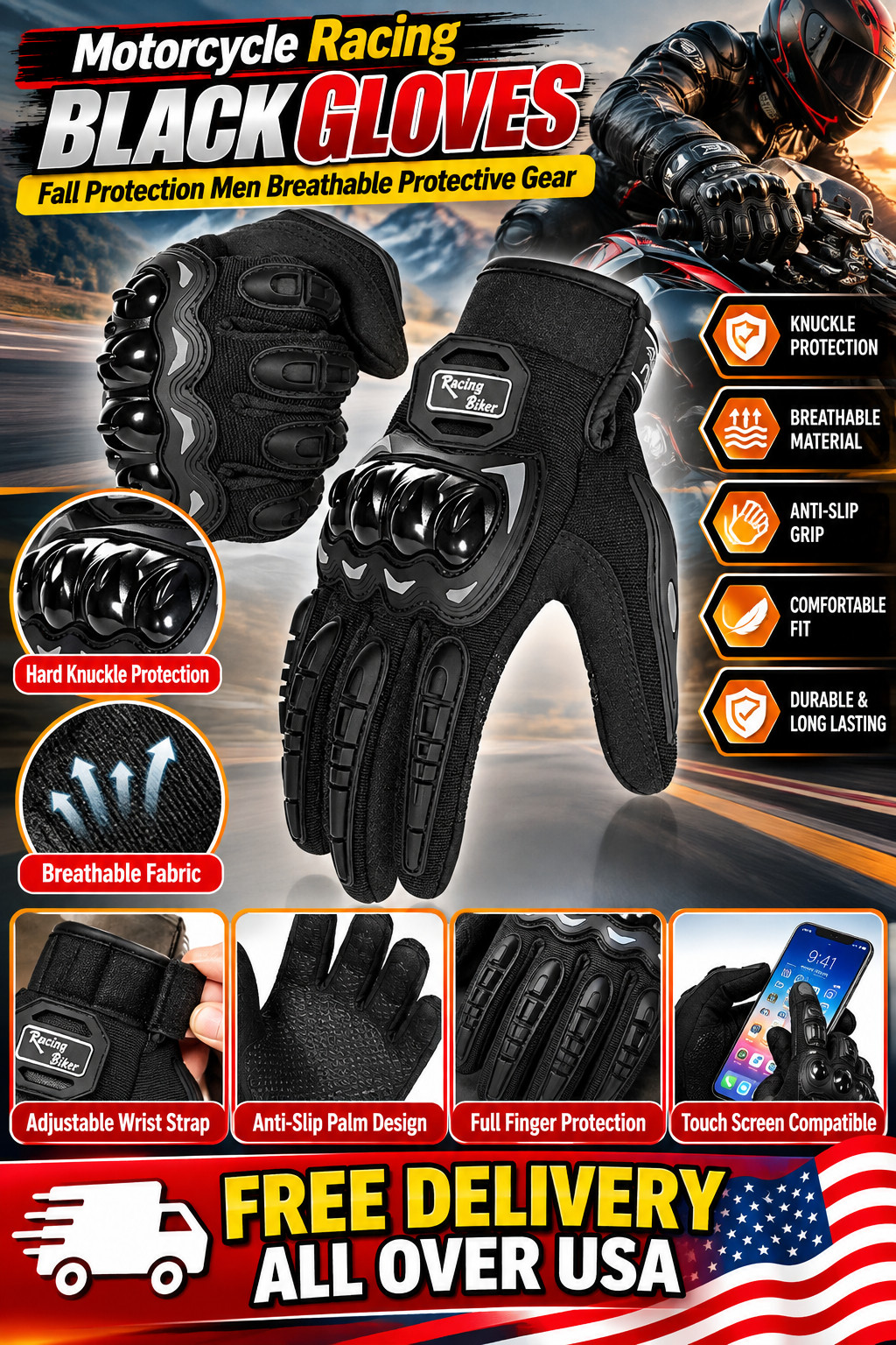 Motorcycle Racing Black Gloves Fall Protection Men Breathable Protective Gear