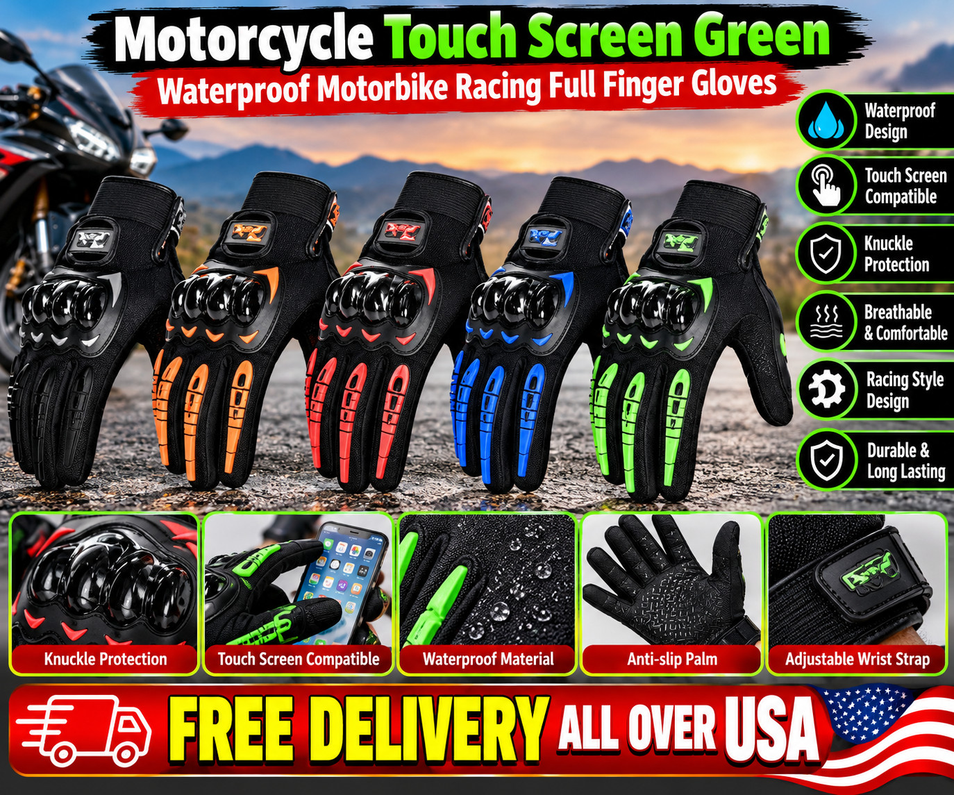 Motorcycle Touch Screen Green Waterproof Motorbike Racing Full Finger Gloves - Blue XL